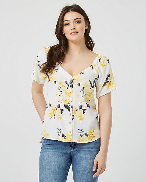 Floral Print V-Neck Short Sleeve Blouse