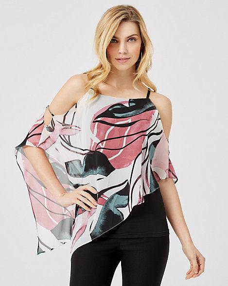 Leaf Print Chiffon Poncho Blouse