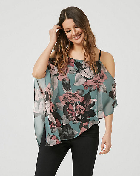 Floral Print Chiffon Poncho Blouse