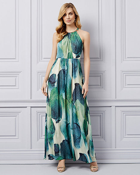 Abstract Print Chiffon Halter Gown